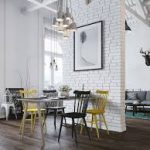 Современный дизайн интерьера белой кухни и кирпичной стены