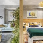 Дизайн светлого интерьера мужской квартиры из дерева и бетона